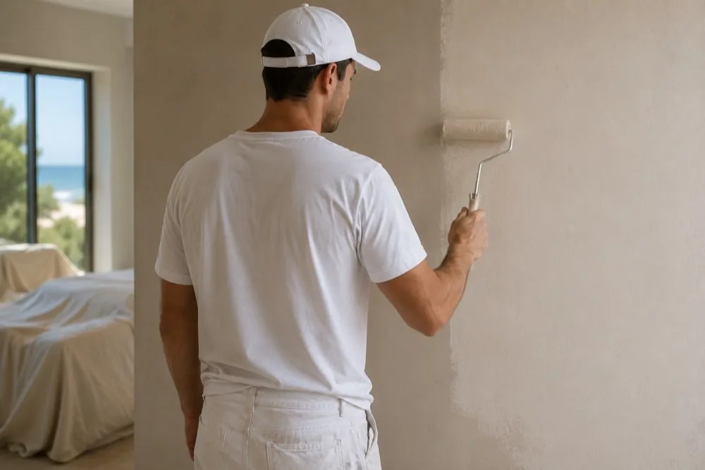 Salt Coast painter rolling a fresh coat onto a prepared coastal interior wall, ocean beyond