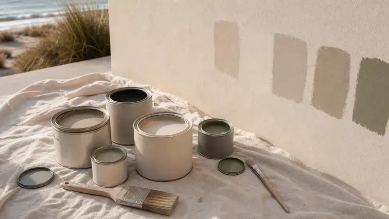 Paint tins, brushes and colour swatches on a drop cloth beside a coastal render wall