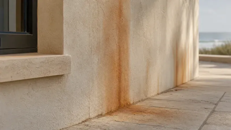 Orange bore-water iron staining running down a rendered coastal wall