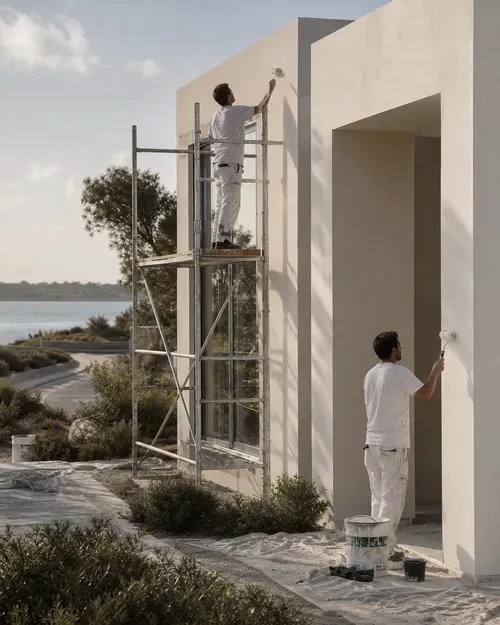 A painting crew at work on a new coastal home build