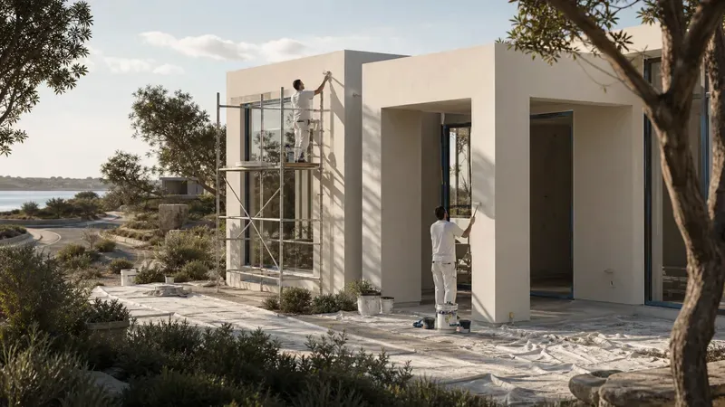 A professional painting crew on scaffolding at a new coastal home build