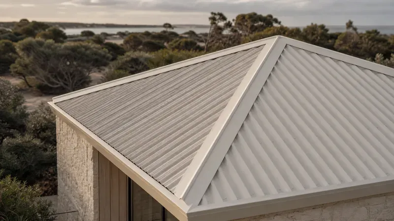 A Colorbond corrugated metal roof on a coastal home, ocean visible behind