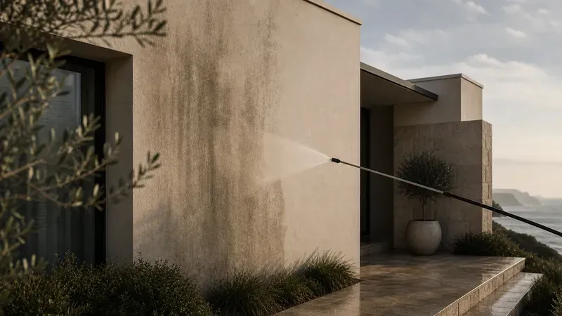 Washing salt film off the rendered wall of a coastal home