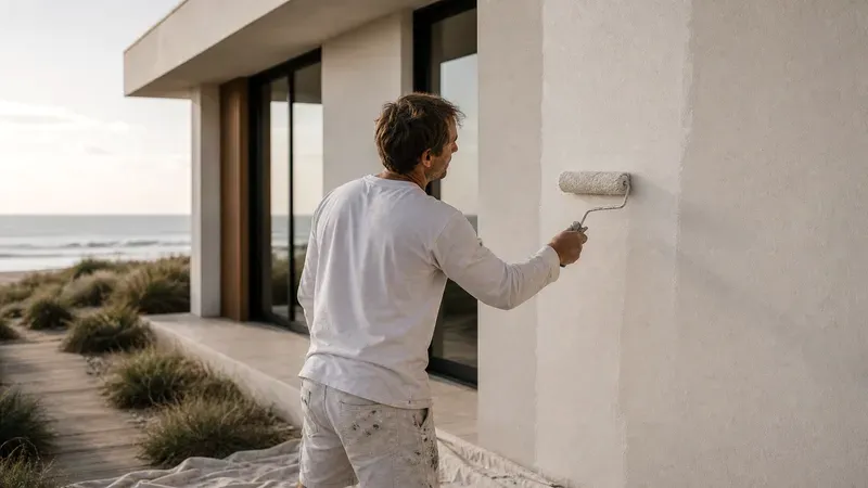 A painter rolling fresh paint onto the rendered exterior of a coastal home, ocean beyond