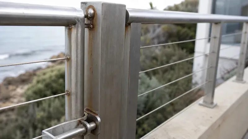 Rust tea-staining on a coastal cable-balustrade railing and post, the sea behind