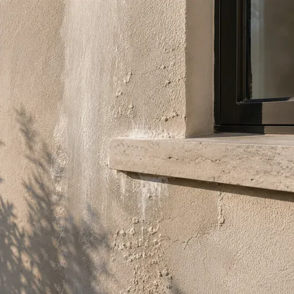 Salt efflorescence and crazing on the rendered wall of a coastal home, ocean behind