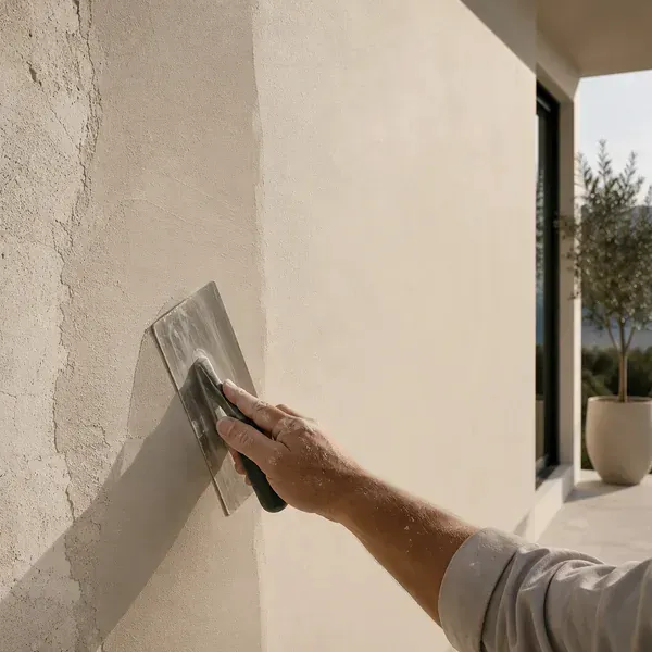 Close detail of coastal surface preparation, a hand sanding a rendered surface