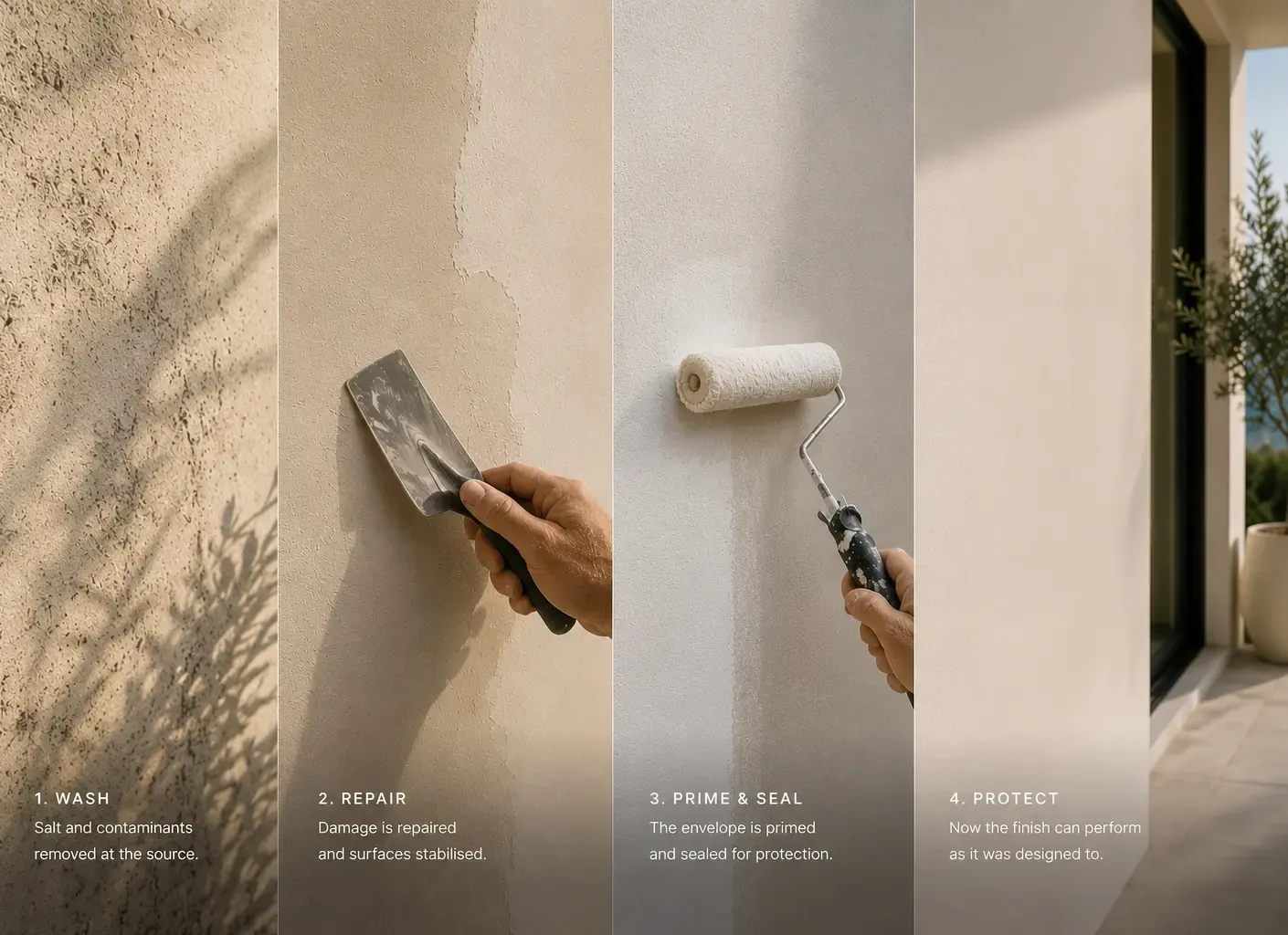 The Salt Coast preparation process in four steps: wash to remove salt and contaminants at the source, repair and stabilise the surface, prime and seal the envelope, then protect so the finish performs as designed