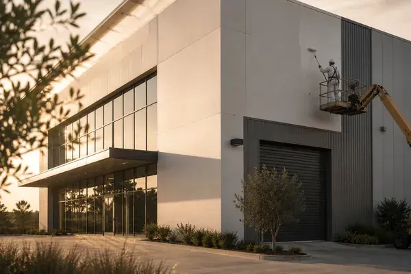 Painter on a boom lift recoating a commercial building facade at a coastal WA business park