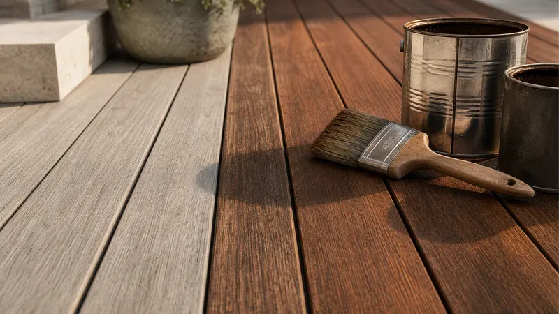 A timber deck split between freshly oiled and weathered-grey sections