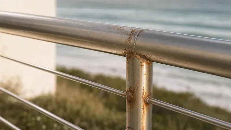 Tea-staining and rust pitting on a stainless steel balustrade beside the ocean