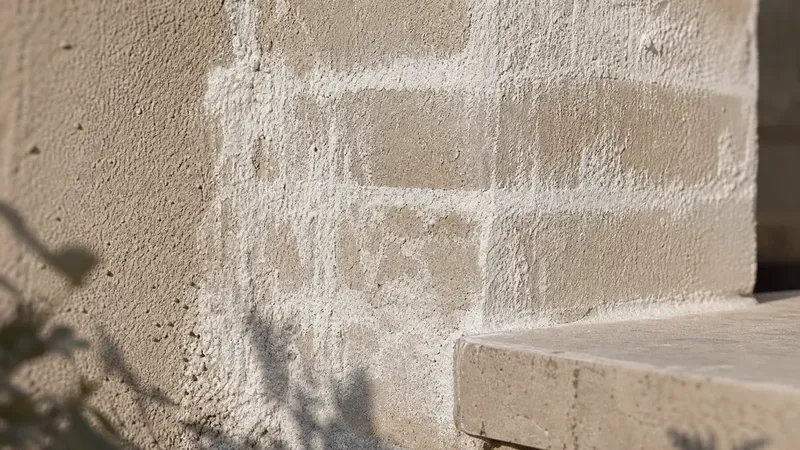 White powdery efflorescence salt staining across a brick and rendered coastal wall