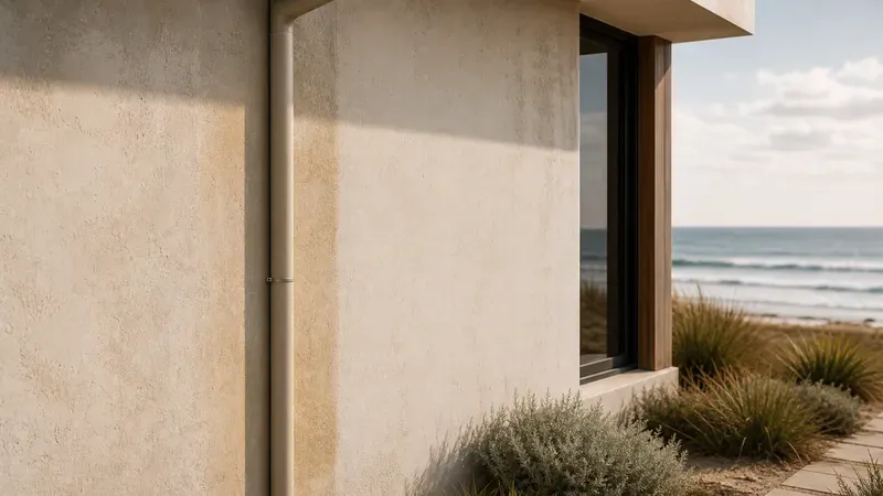 A coastal home exterior wall in bright hard UV light