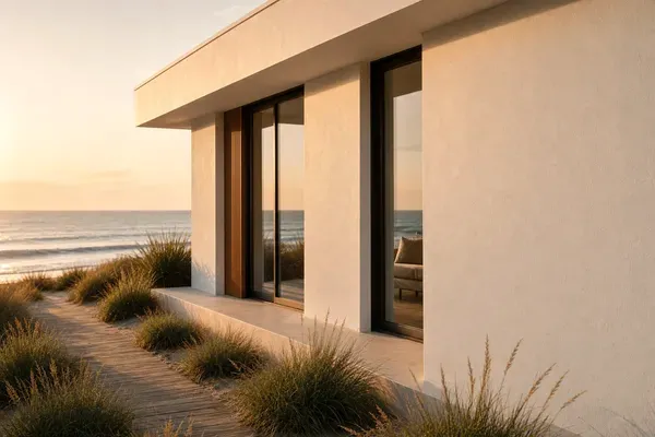 Freshly painted modern coastal home exterior with a flawless matte finish, ocean behind