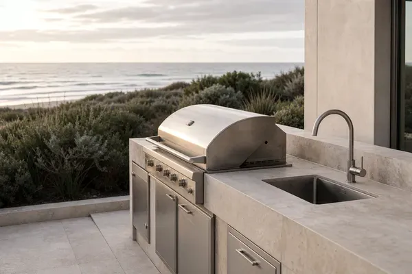 A coastal WA alfresco outdoor kitchen with a stainless BBQ, sink and tap, protected against salt corrosion