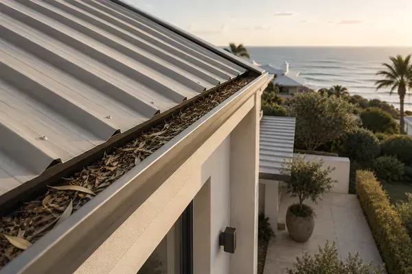 Leaf-filled gutter on a coastal metal roof above the ocean, ready for cleaning