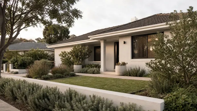 A freshly painted established suburban Perth home with a tiled roof and mature front garden