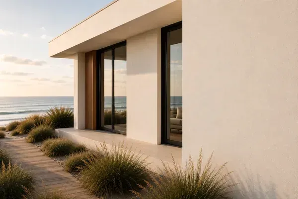 Freshly painted rendered exterior of a modern coastal WA home, ocean behind