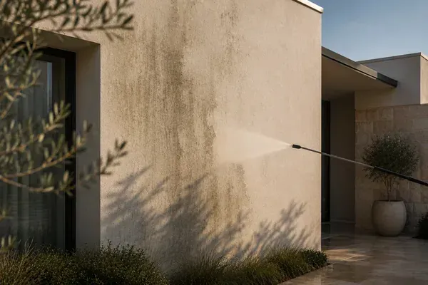 Soft washing dirt streaks from the rendered wall of a coastal WA home