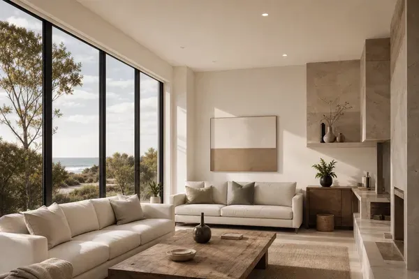 Light-filled coastal living room with freshly painted low-sheen walls and an ocean glimpse