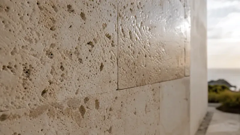 Porous WA limestone wall texture, part freshly sealed with a subtle sheen