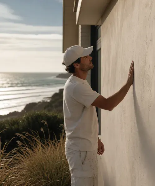 A Salt Coast tradesperson inspecting a coastal home exterior on a maintenance visit