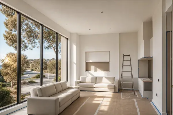 A brand-new coastal home mid-way through the painting stage, protective floor coverings and a ladder in place