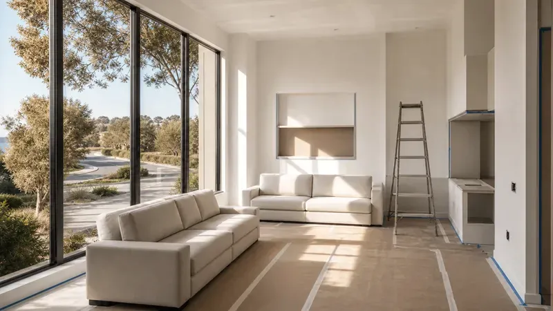 The interior of a new coastal home at the painting stage, fresh undercoat and a ladder