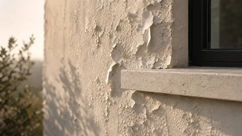 Exterior paint peeling and blistering off a salt-weathered rendered wall