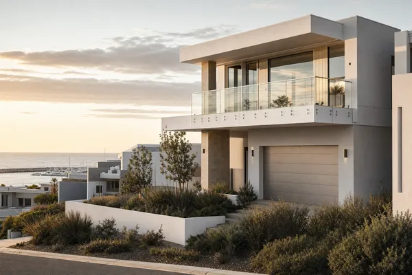 Modern rendered two-storey home with glass balustrades near the Port Coogee marina