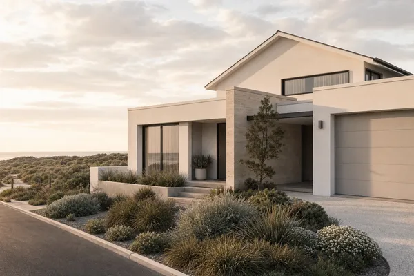 Modern estate home with spinifex garden behind the foredunes at Golden Bay