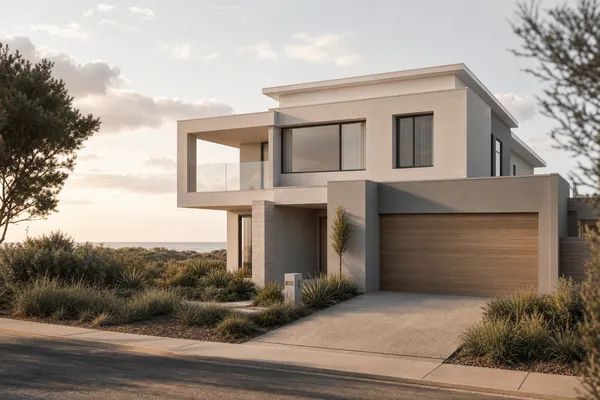 Modern two-storey home with dune-grass garden a street back from the beach at Madora Bay