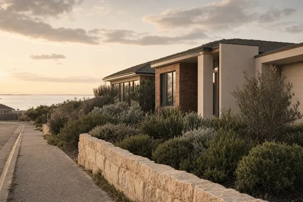 Single-storey home behind a limestone wall and saltbush garden in Peron, the bay at the end of the street
