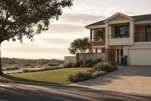 Two-storey family home with a peppermint tree and coastal natives near the dune reserve at Port Kennedy