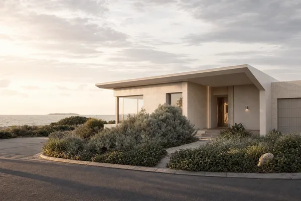 Limestone-toned home with saltbush garden near the marine park at Shoalwater