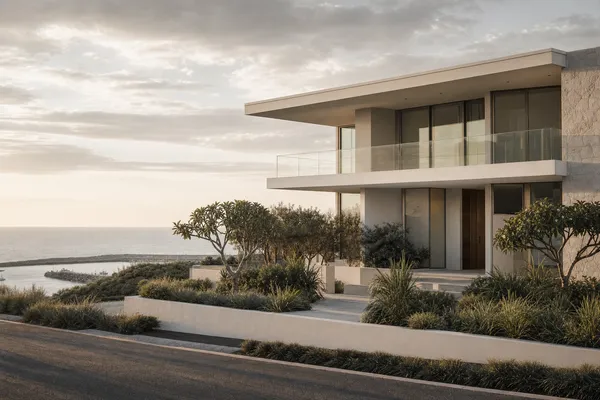 Two-storey home with glass balcony and ocean views above the boat harbour at Sorrento