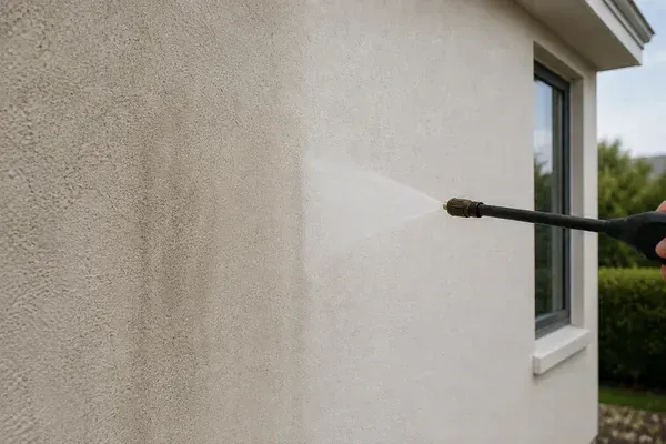 Pressure washing a rendered coastal wall, a clean strip emerging from the grime