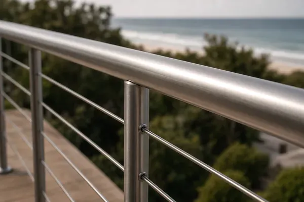 A coastal stainless-steel balustrade restored to clean sound metal, ocean behind