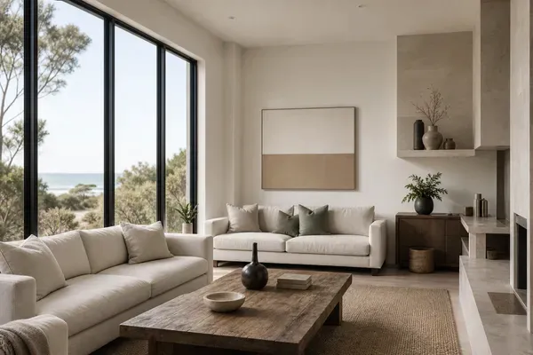 A freshly repainted coastal living area in a low-sheen coastal palette with an ocean glimpse