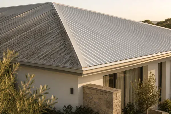 Coastal metal roof part-cleaned — one half soft-washed and bright, the other weathered