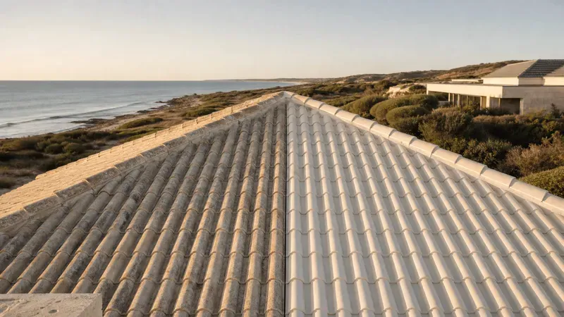 A tiled coastal roof partway through restoration, aged tiles beside freshly recoated ones
