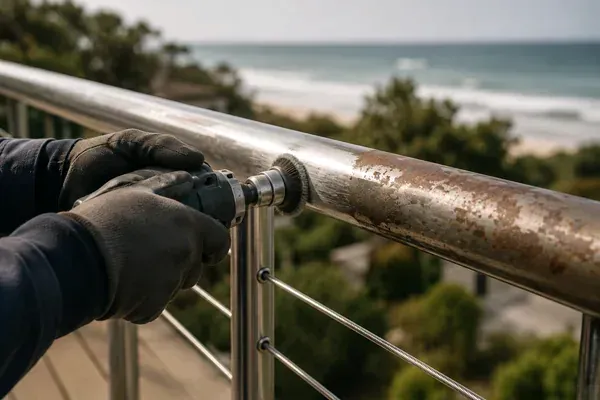 Rust being removed from a coastal stainless steel balustrade, ocean behind