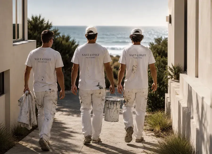 The Salt Coast crew walking a coastal property toward the beach, carrying paint gear