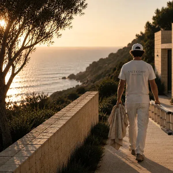 A Salt Coast painter arriving at a coastal home at golden hour with a ladder and drop cloth
