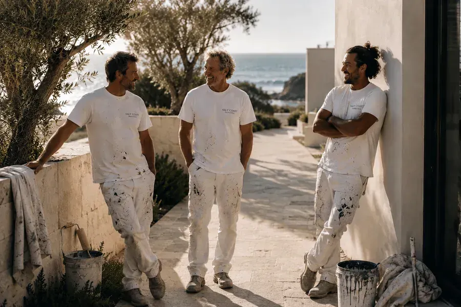 The Salt Coast crew on a coastal job, carrying paint gear toward the beach