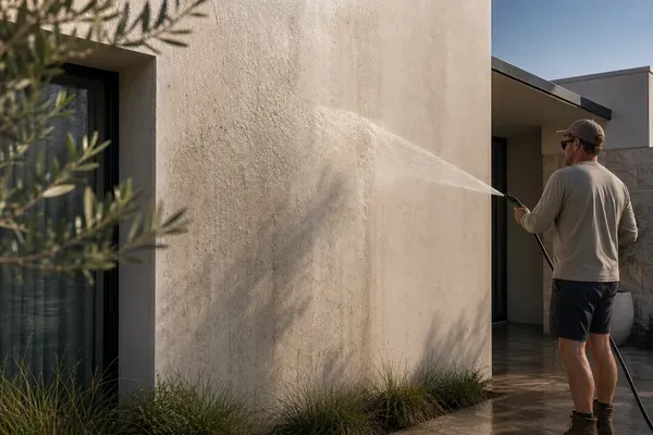 A salt wash-down in progress on the rendered wall of a coastal home