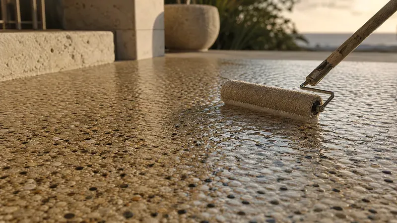 A wet-look sheen developing across exposed-aggregate concrete being sealed