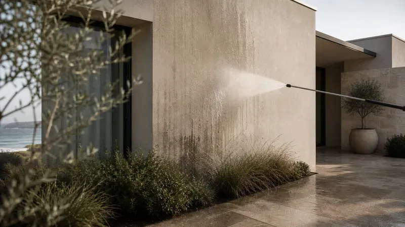 A coastal home being gently soft-washed, low-pressure spray on a rendered wall
