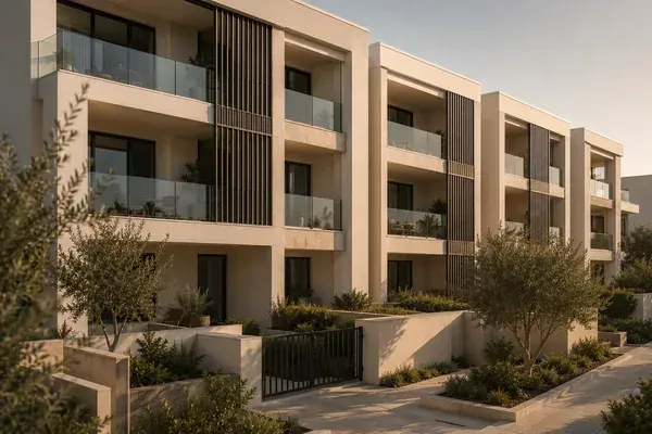 Multi-storey coastal apartment complex with rendered and stone facades