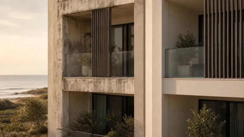A coastal apartment building balcony showing salt-related wear beside a clean restored section